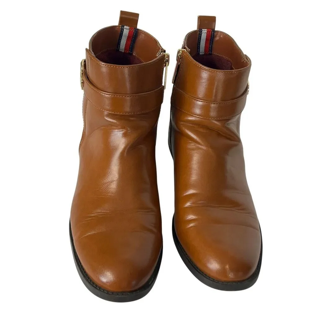 Tommy Hilfiger Women Brown Ankle Boots Side Zip Buckle‎ Detail Size 8.5M